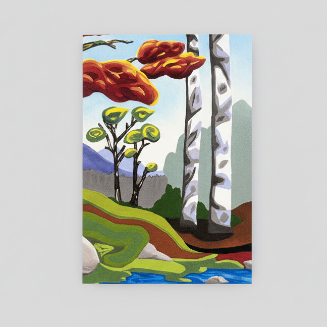 Colorful abstract painting of a landscape with trees and mountains on a gray background