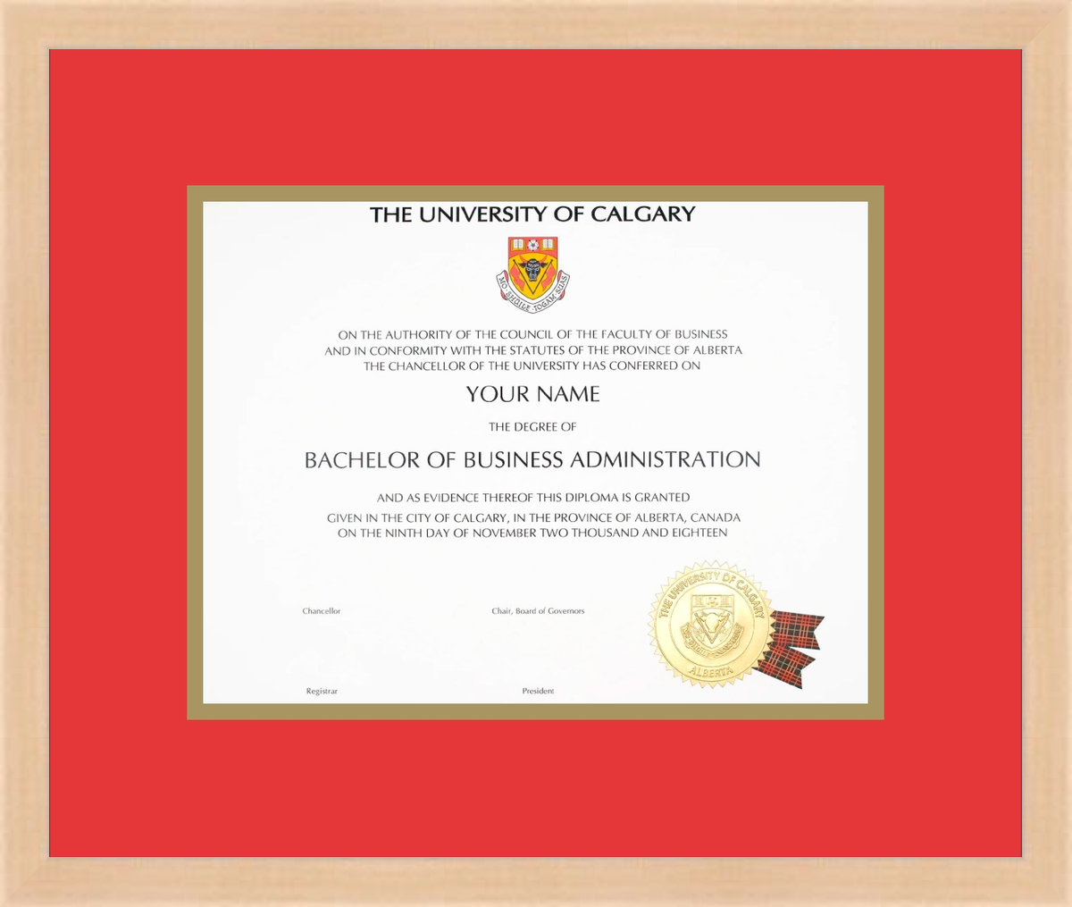 Custom University of Calgary Diploma Frame