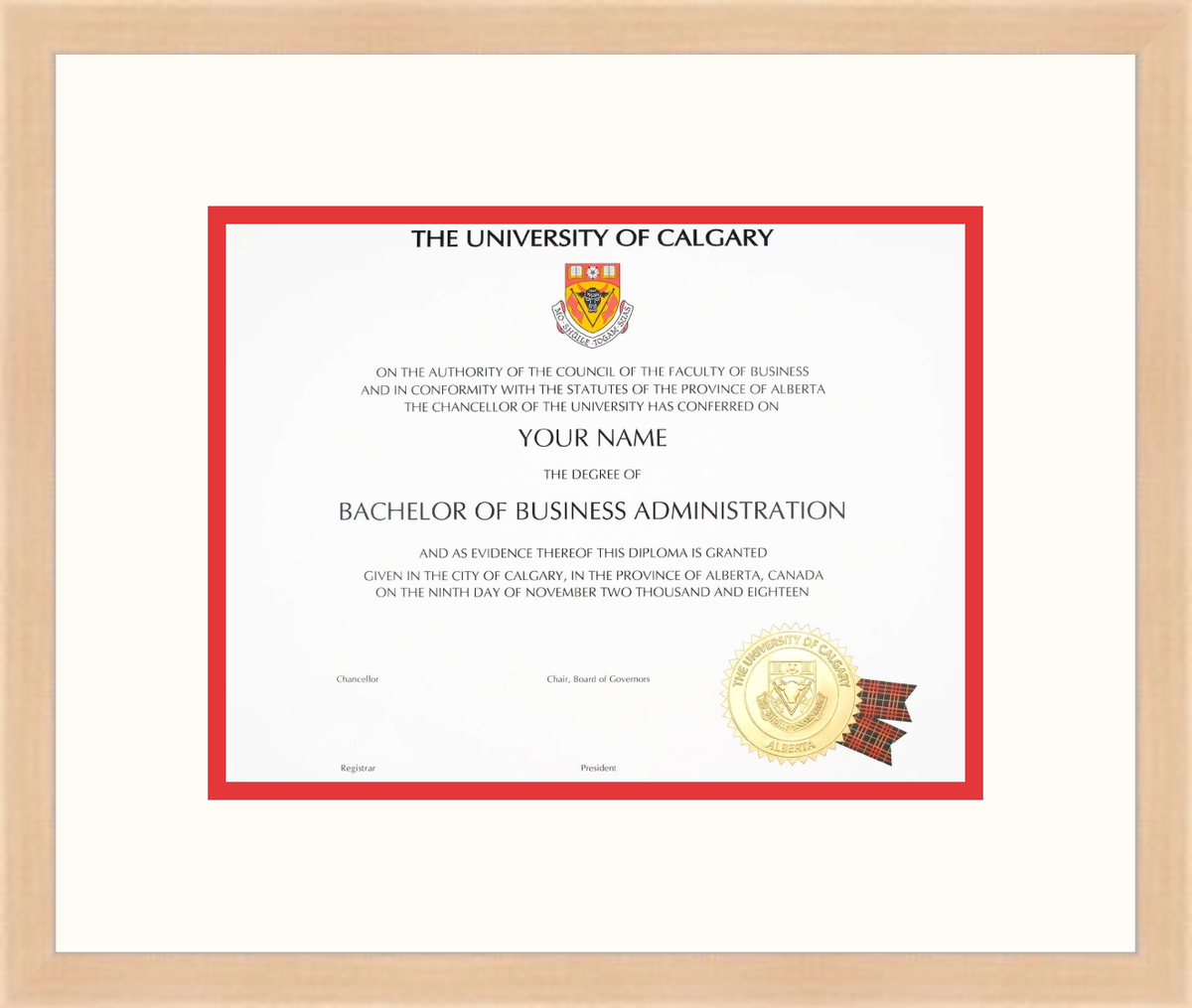 Custom University of Calgary Diploma Frame