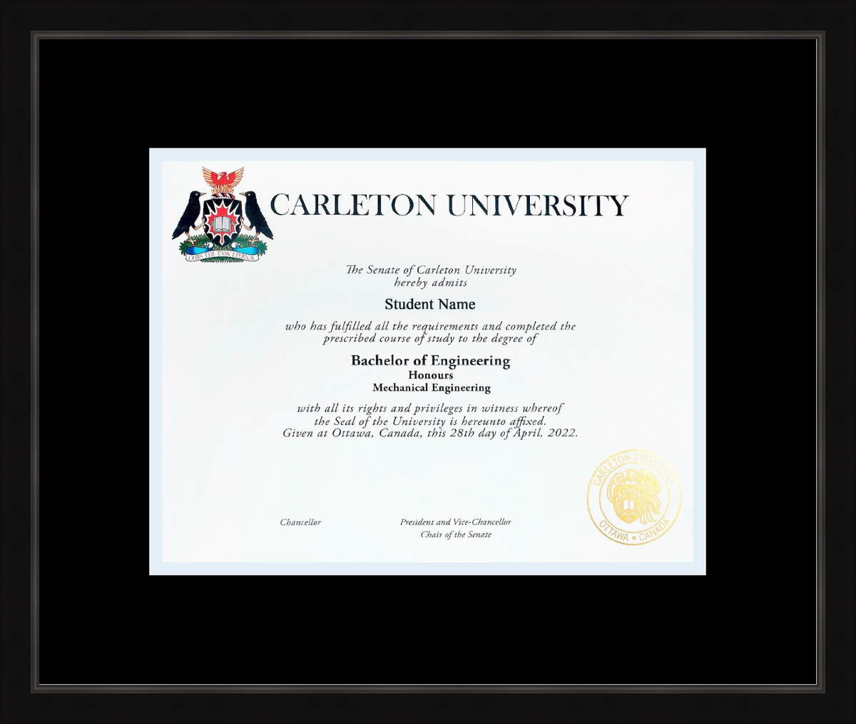 Custom Carleton University Diploma Frame