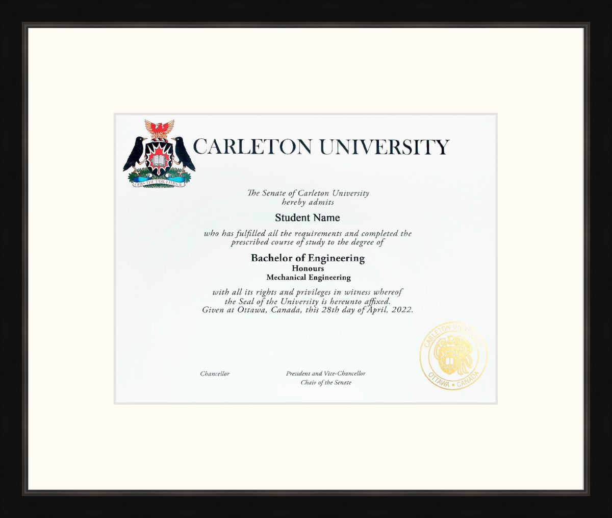 Custom Carleton University Diploma Frame