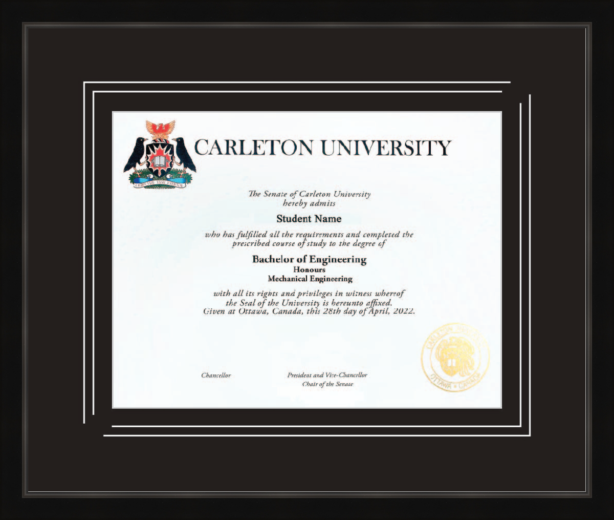Custom Carleton University Diploma Frame