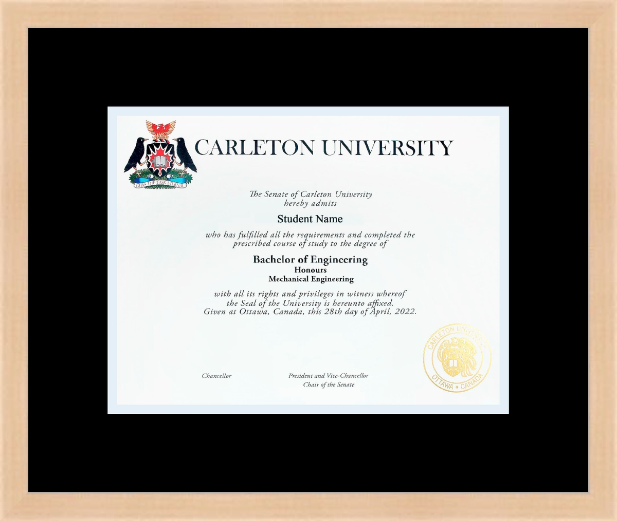 Custom Carleton University Diploma Frame
