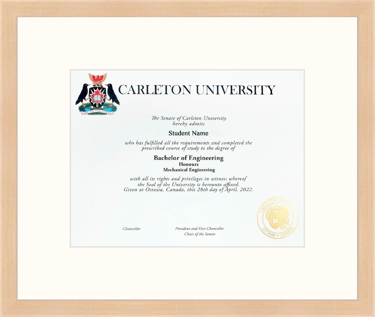 Custom Carleton University Diploma Frame