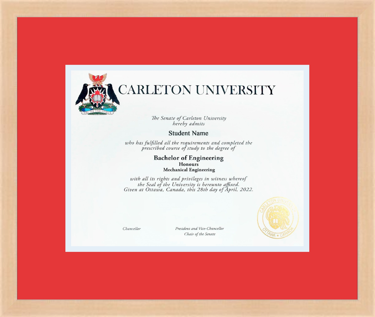 Custom Carleton University Diploma Frame