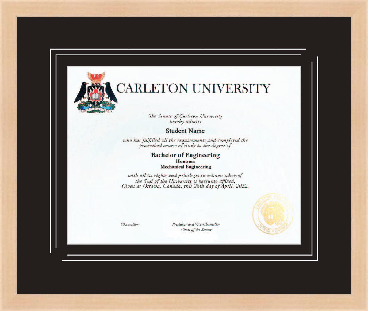 Custom Carleton University Diploma Frame