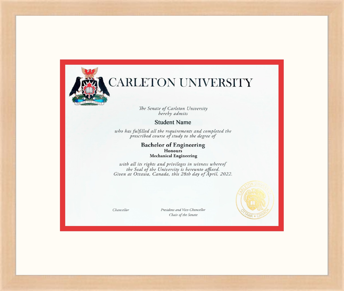 Custom Carleton University Diploma Frame