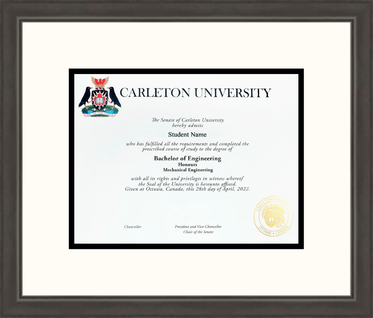 Custom Carleton University Diploma Frame