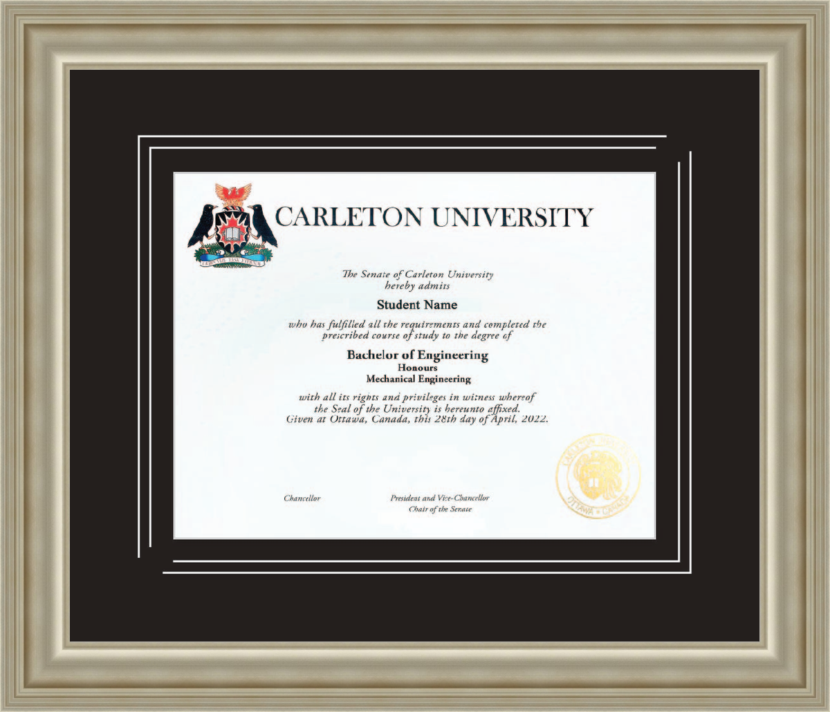Custom Carleton University Diploma Frame