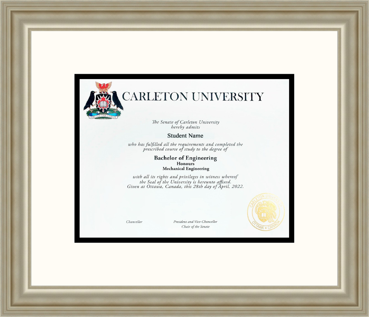 Custom Carleton University Diploma Frame
