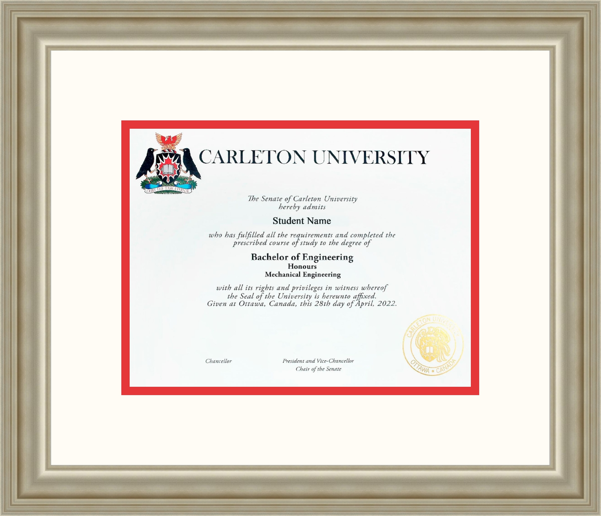 Custom Carleton University Diploma Frame