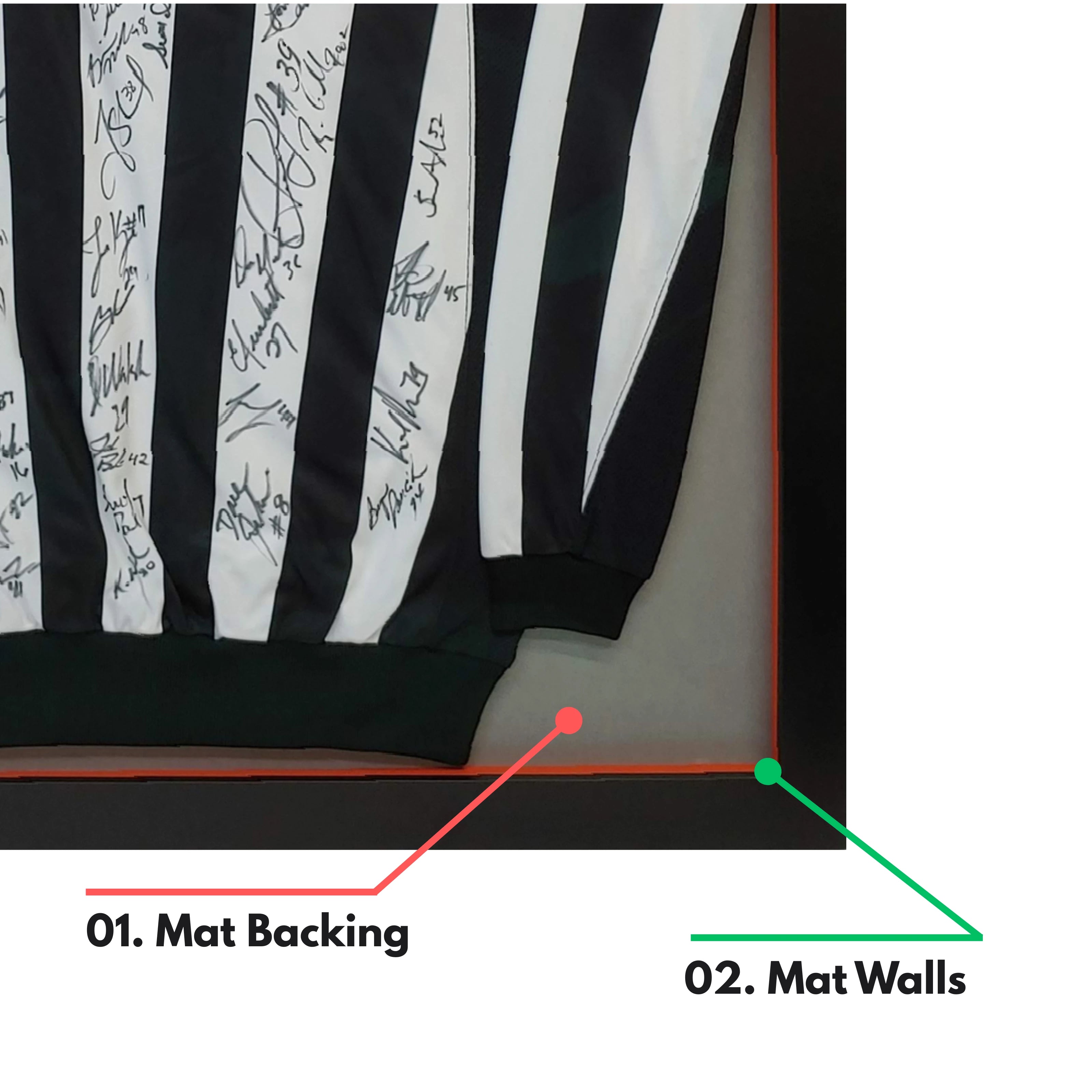 Framed hockey jersey in living room with personalized mat colors