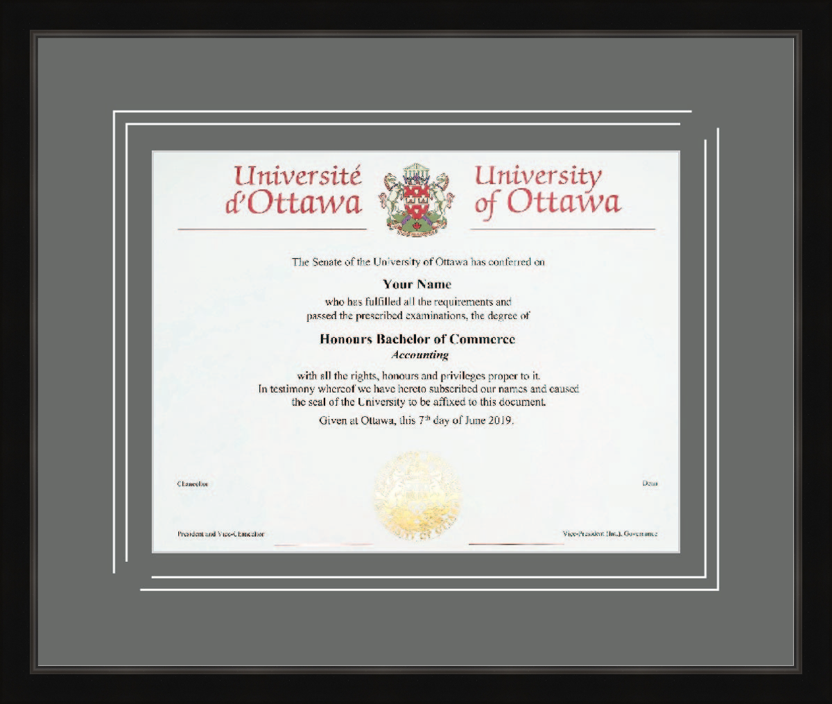 Custom University of Ottawa Diploma Frame