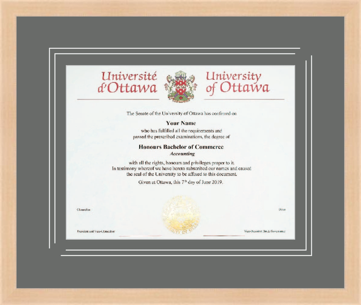 Custom University of Ottawa Diploma Frame