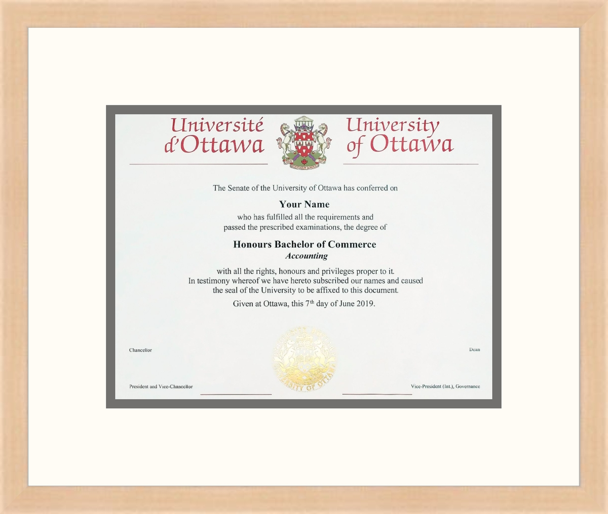Custom University of Ottawa Diploma Frame