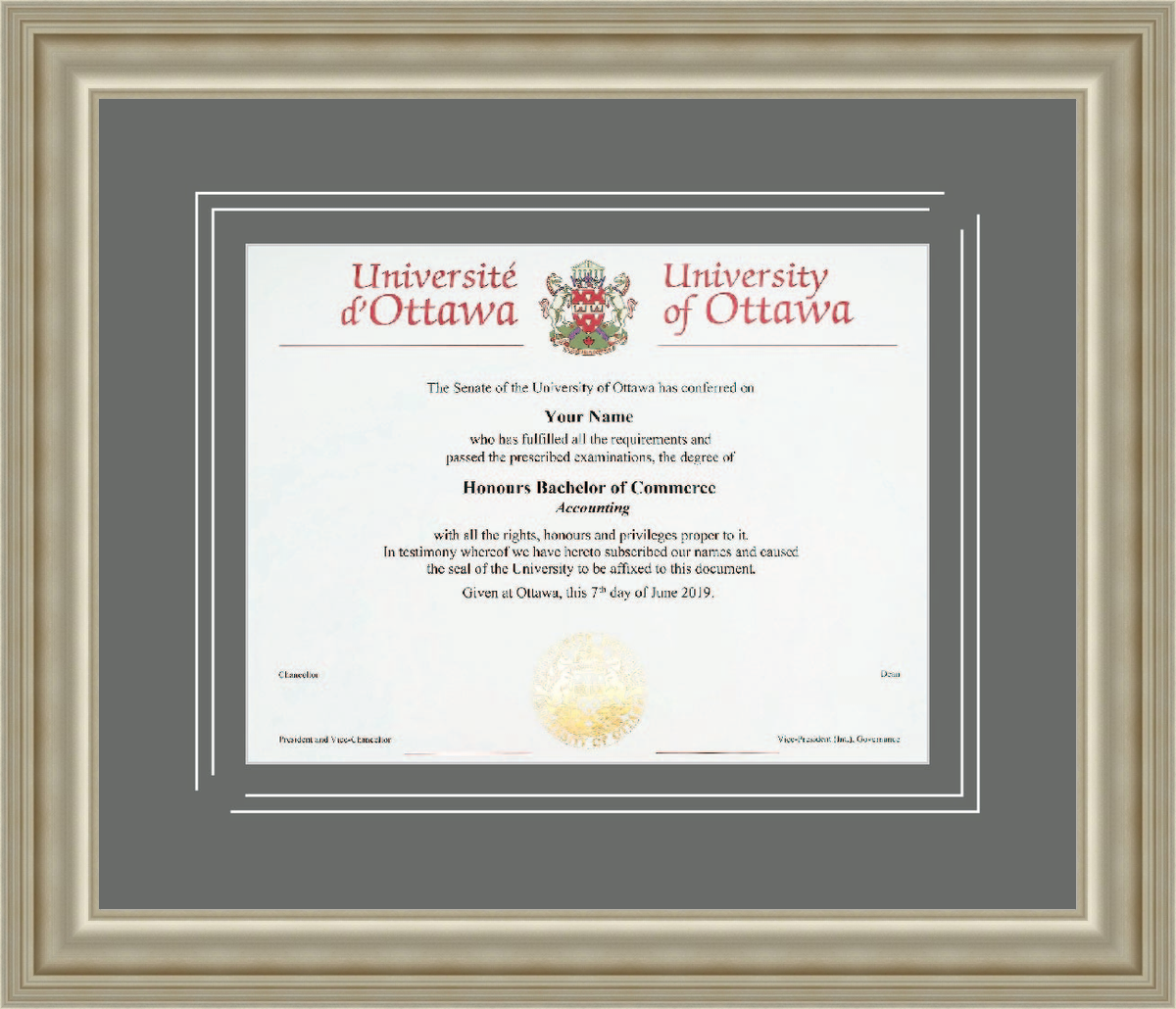 Custom University of Ottawa Diploma Frame