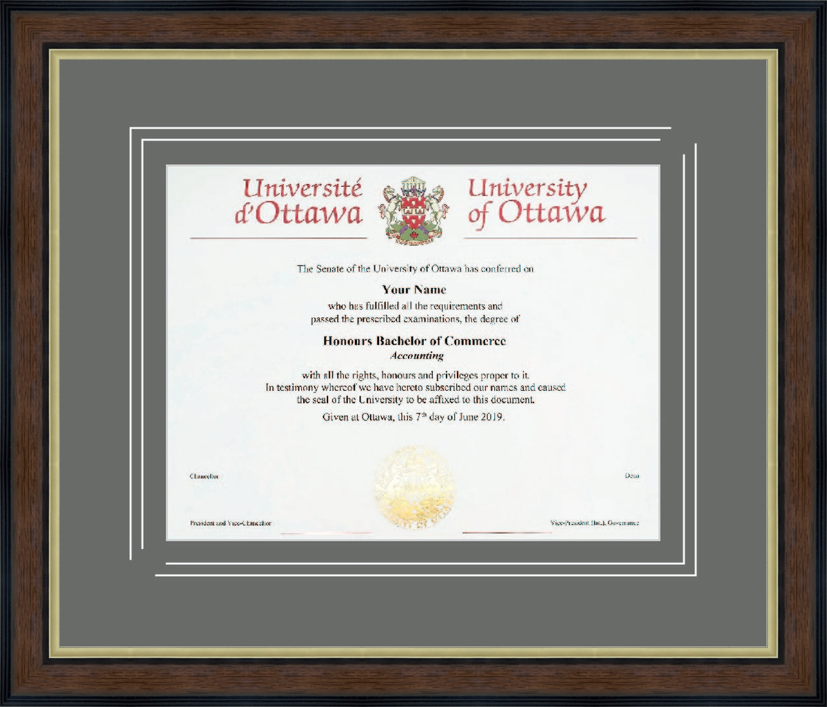 Custom University of Ottawa Diploma Frame