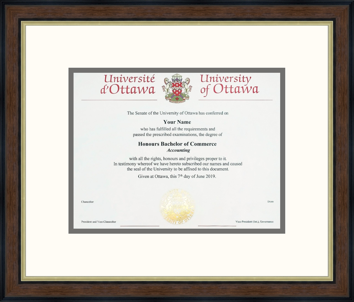 Custom University of Ottawa Diploma Frame