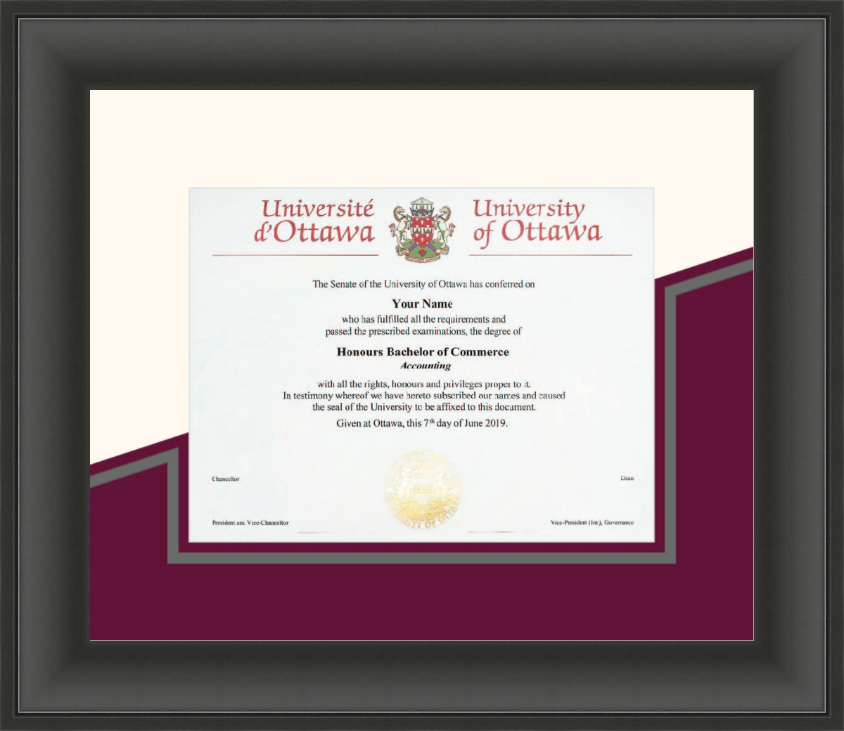 Custom University of Ottawa Diploma Frame