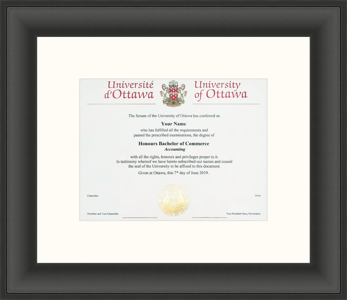 Custom University of Ottawa Diploma Frame