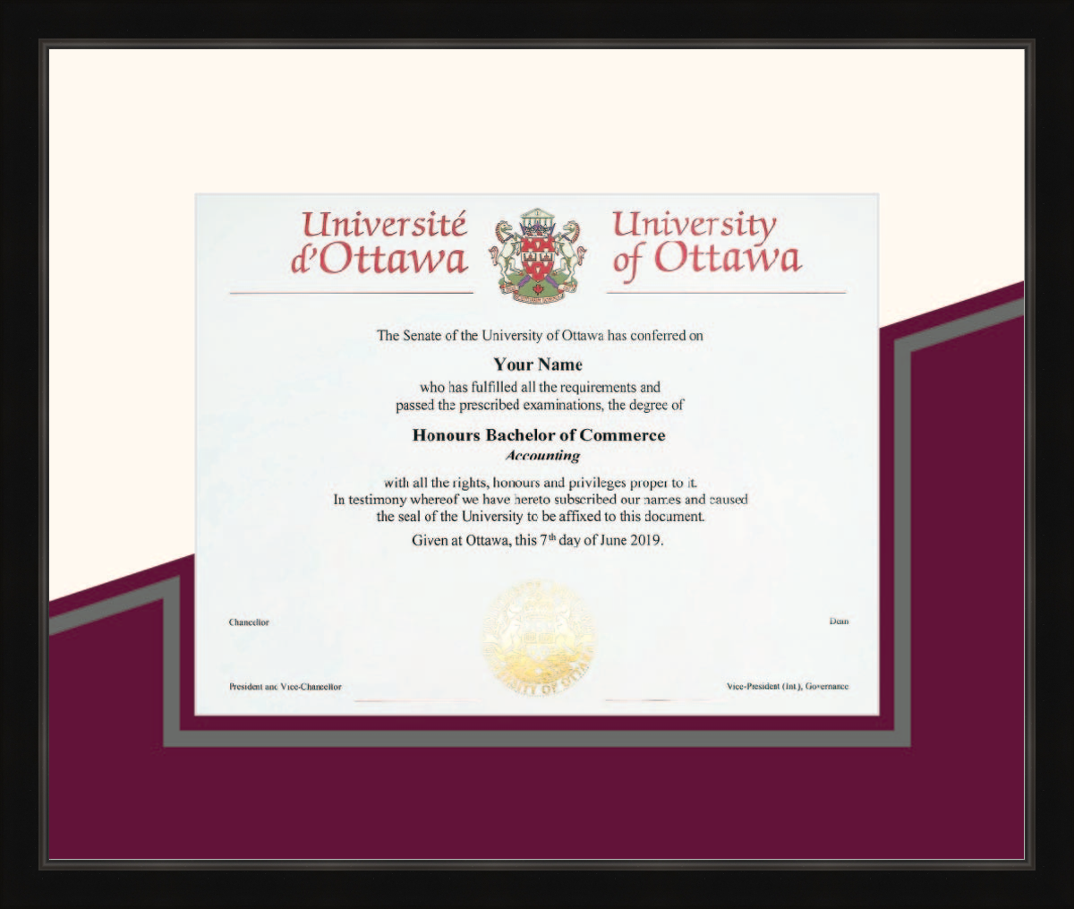 Custom University of Ottawa Diploma Frame