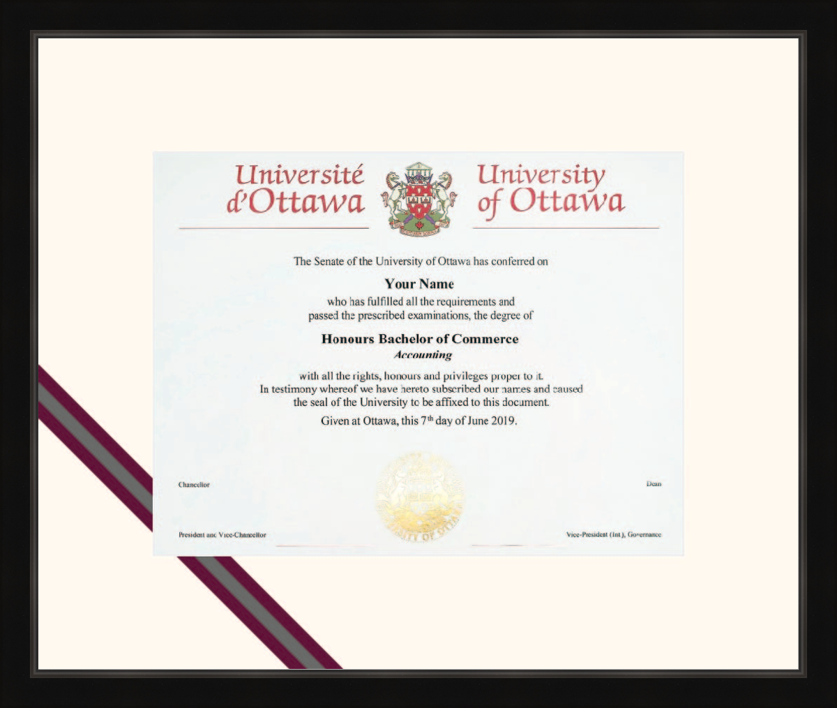 Custom University of Ottawa Diploma Frame