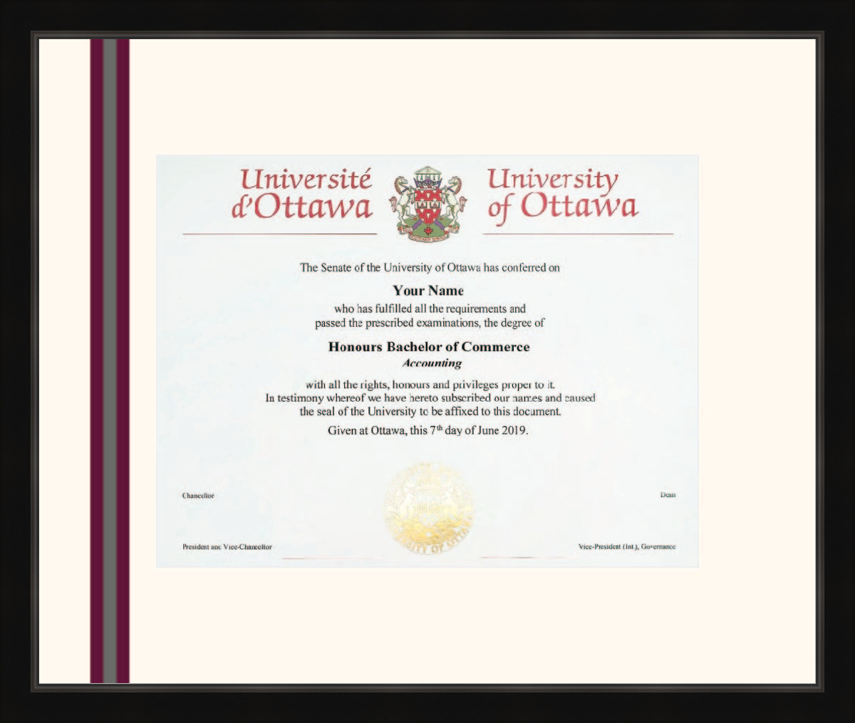 Custom University of Ottawa Diploma Frame