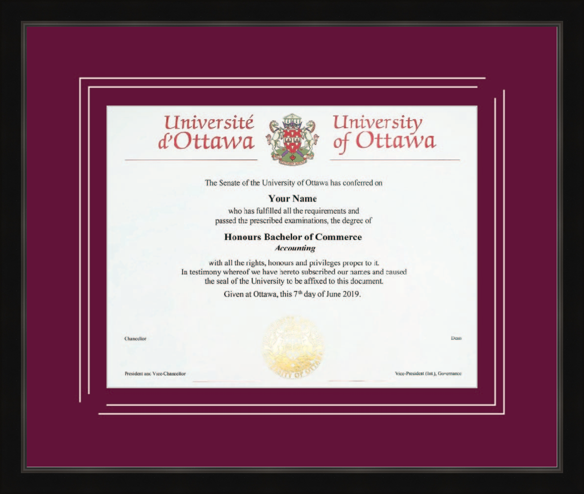 Custom University of Ottawa Diploma Frame
