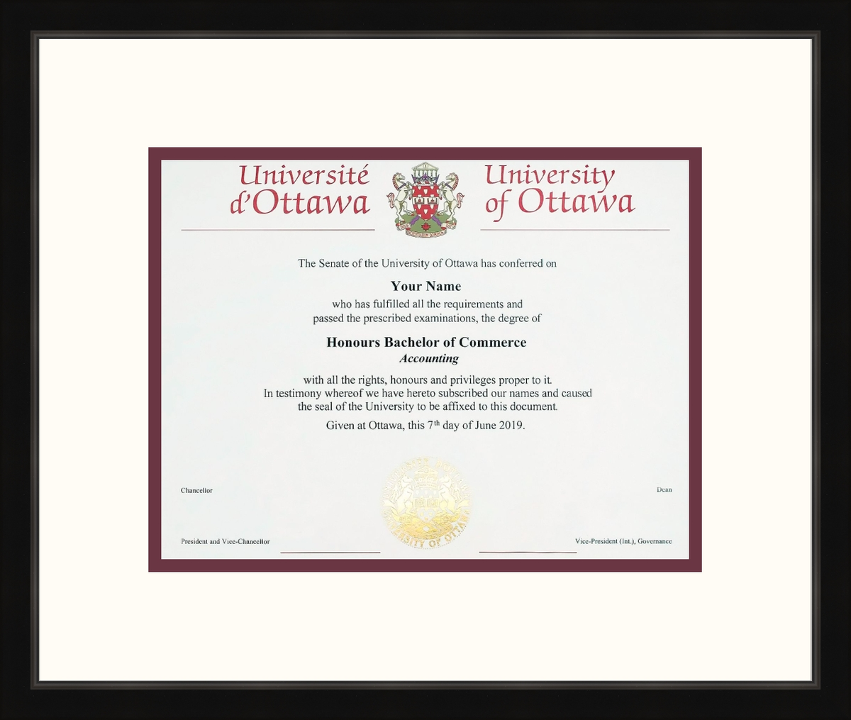 Custom University of Ottawa Diploma Frame