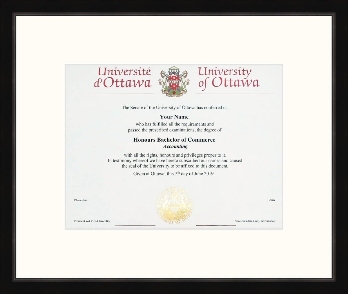 Custom University of Ottawa Diploma Frame