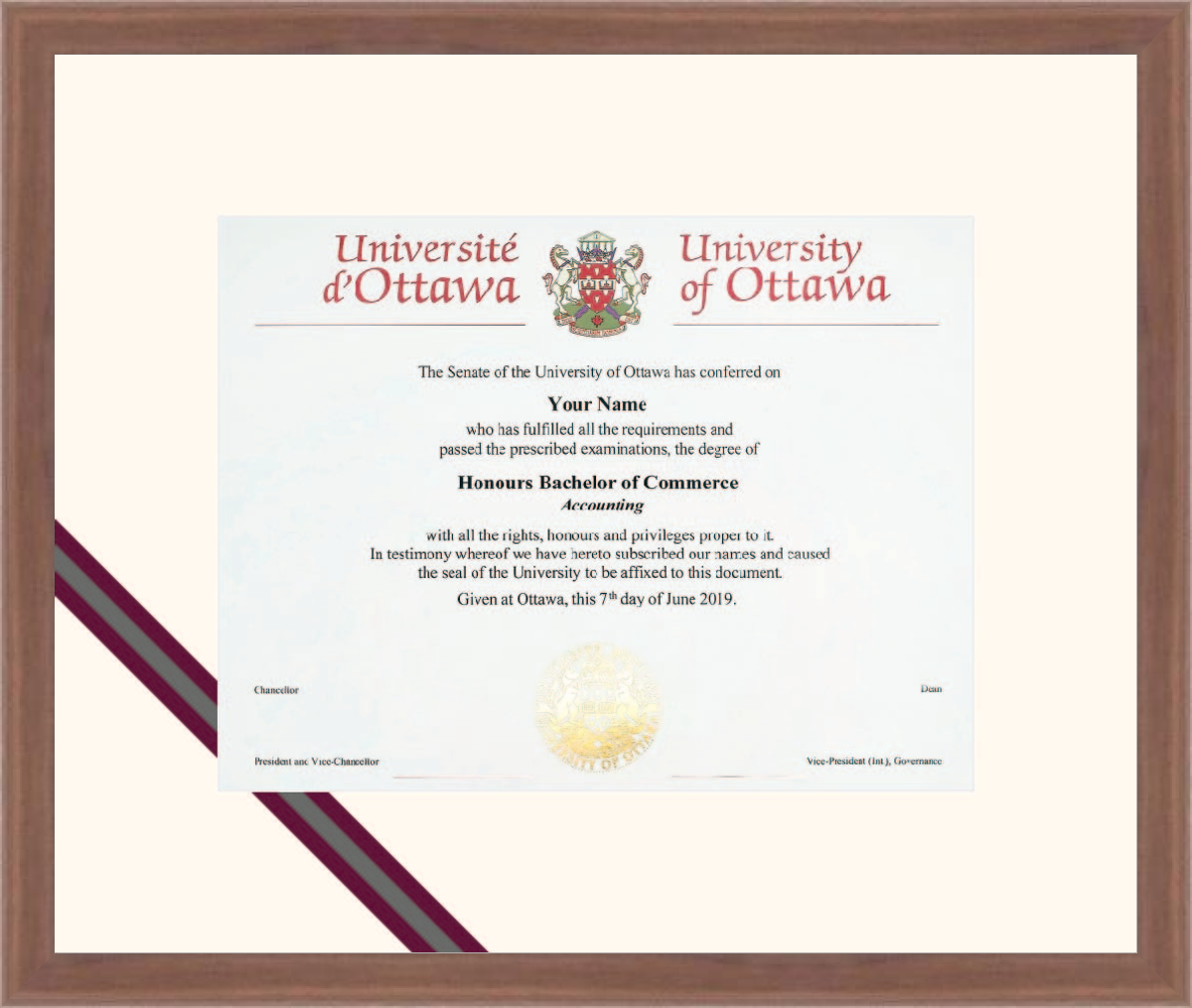Custom University of Ottawa Diploma Frame