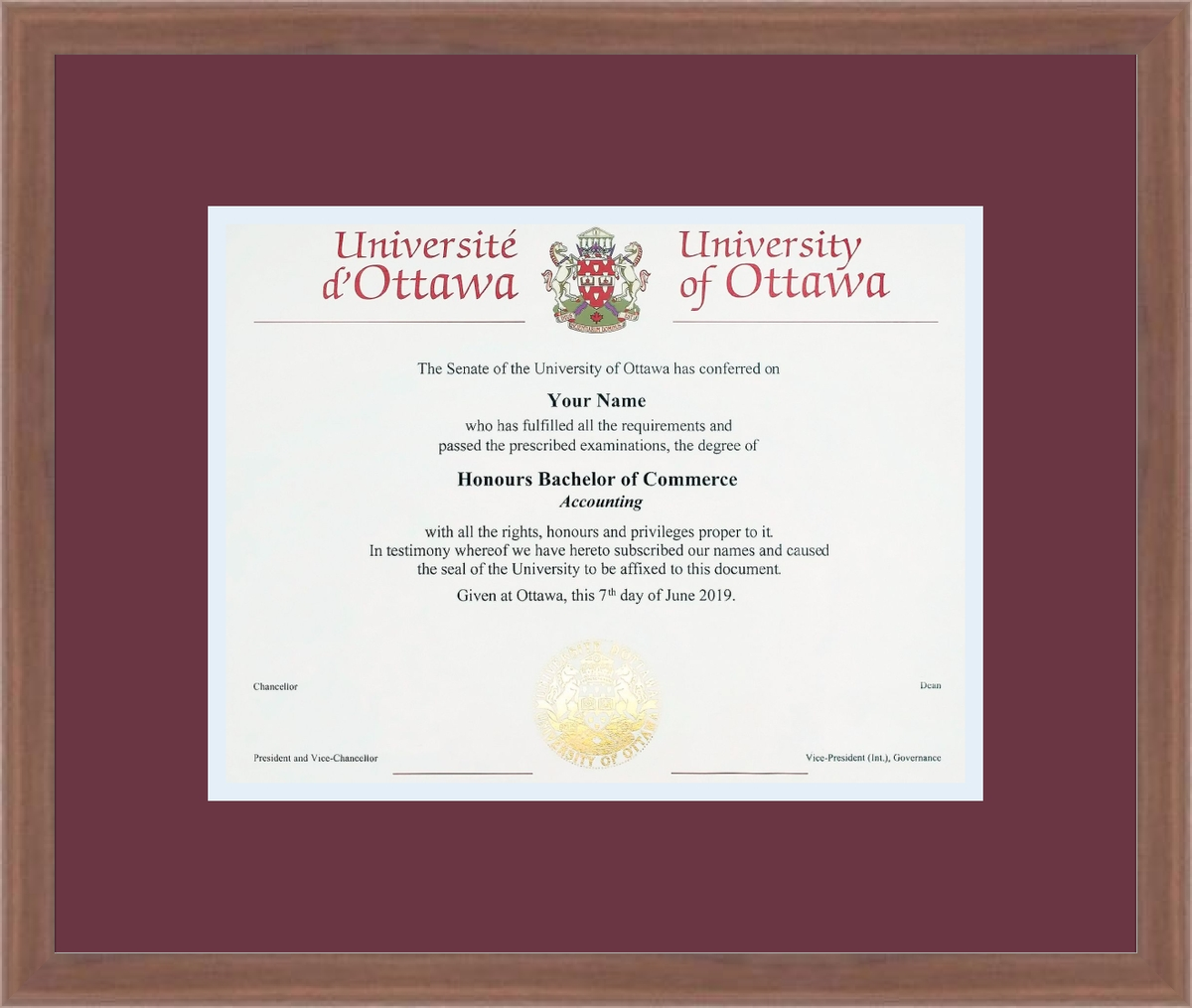 Custom University of Ottawa Diploma Frame