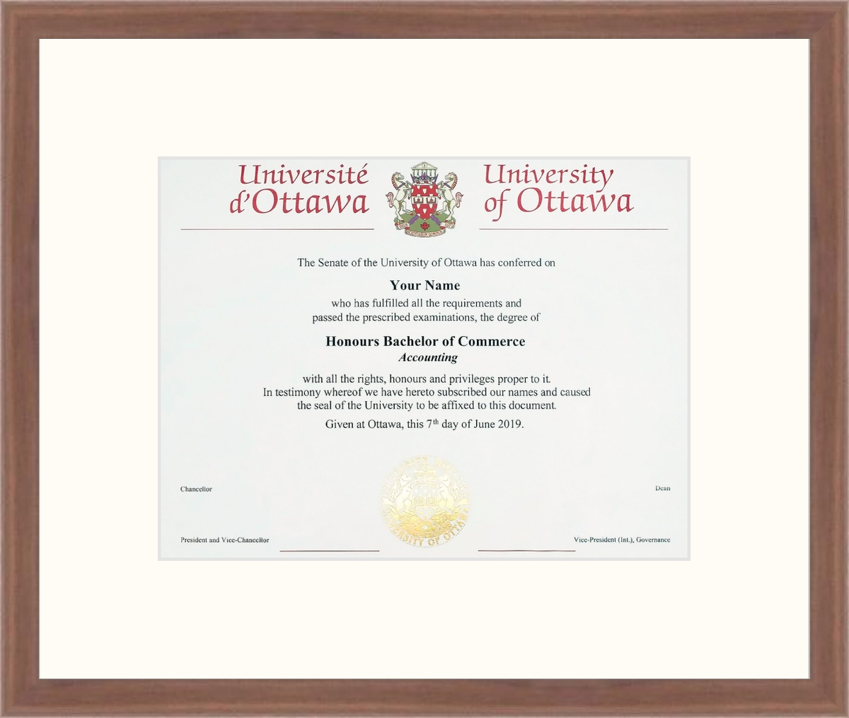 Custom University of Ottawa Diploma Frame