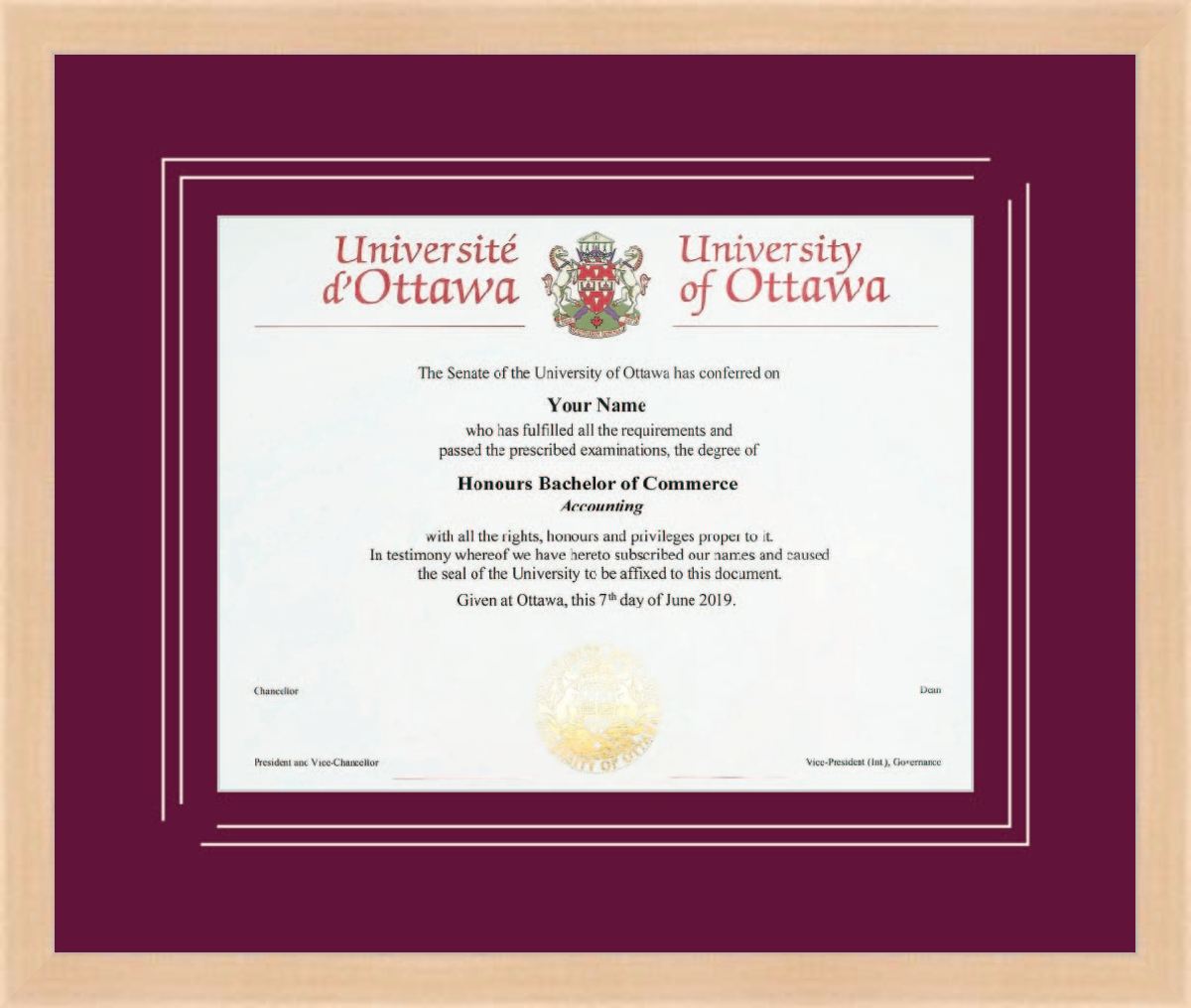 Custom University of Ottawa Diploma Frame
