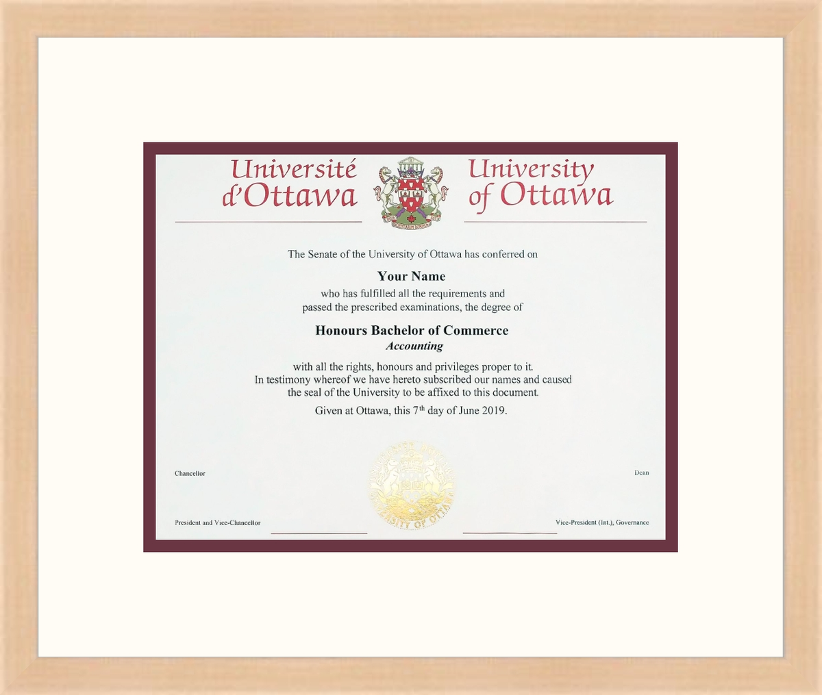 Custom University of Ottawa Diploma Frame
