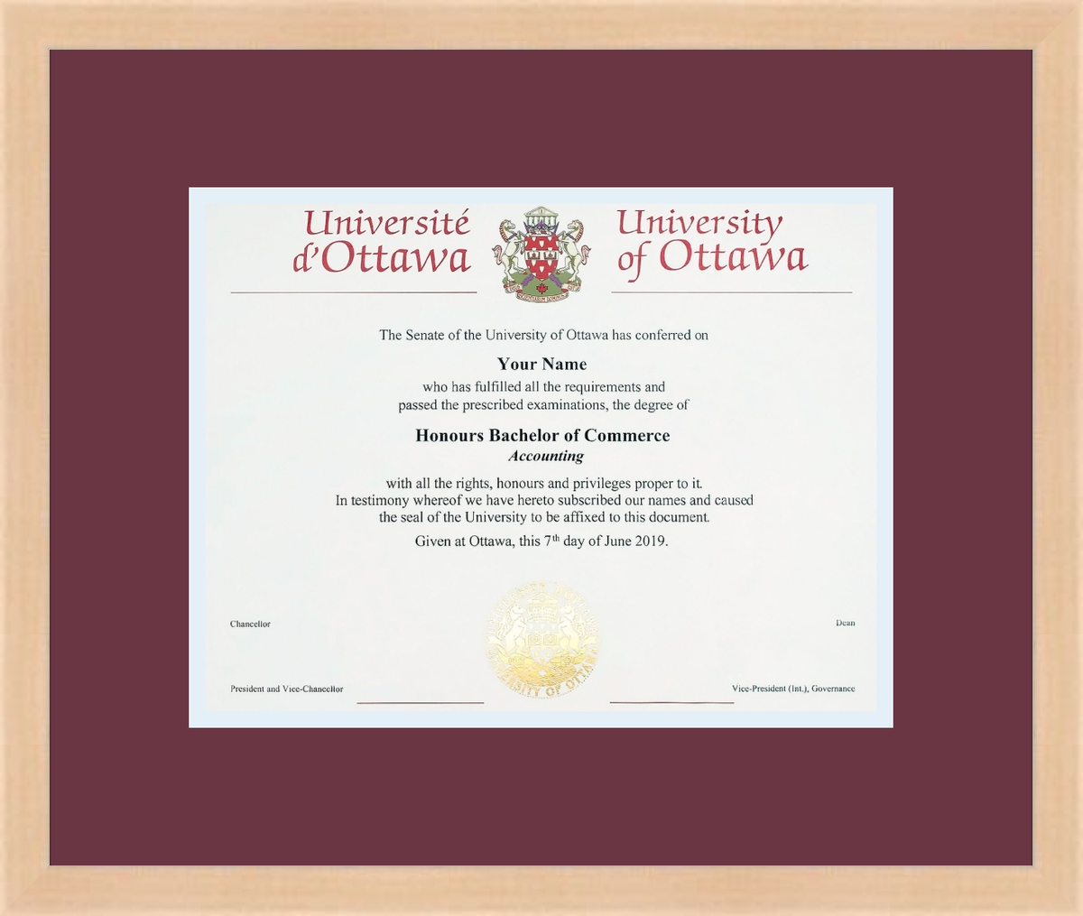 Custom University of Ottawa Diploma Frame
