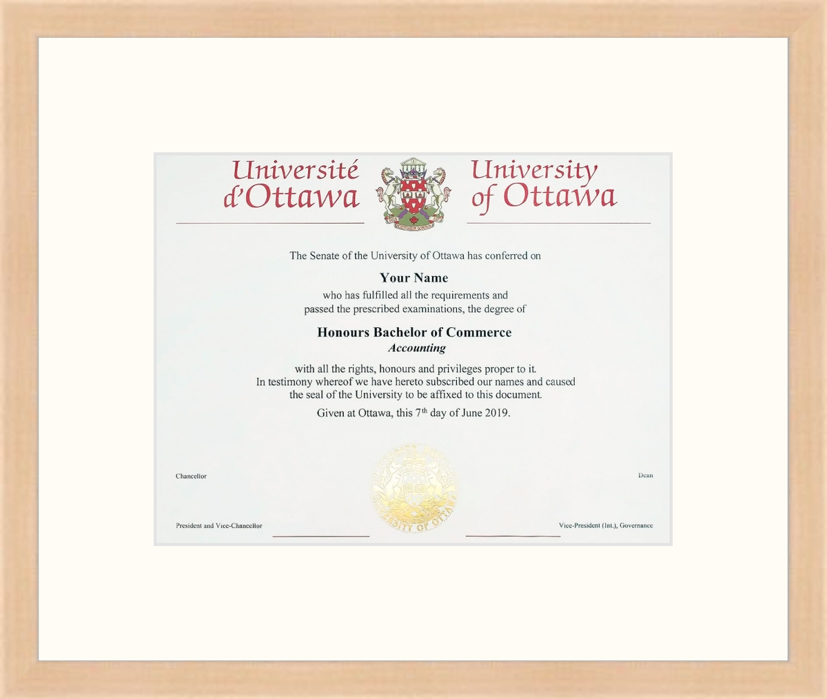 Custom University of Ottawa Diploma Frame