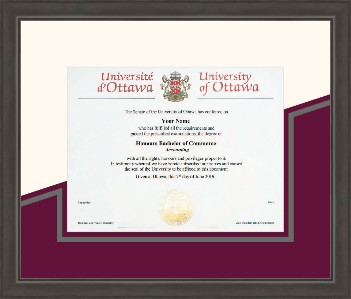 Custom University of Ottawa Diploma Frame