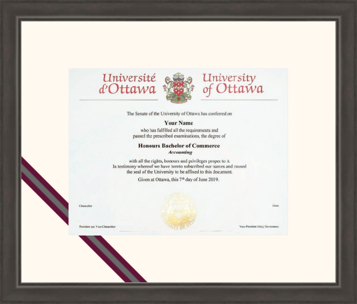 Custom University of Ottawa Diploma Frame
