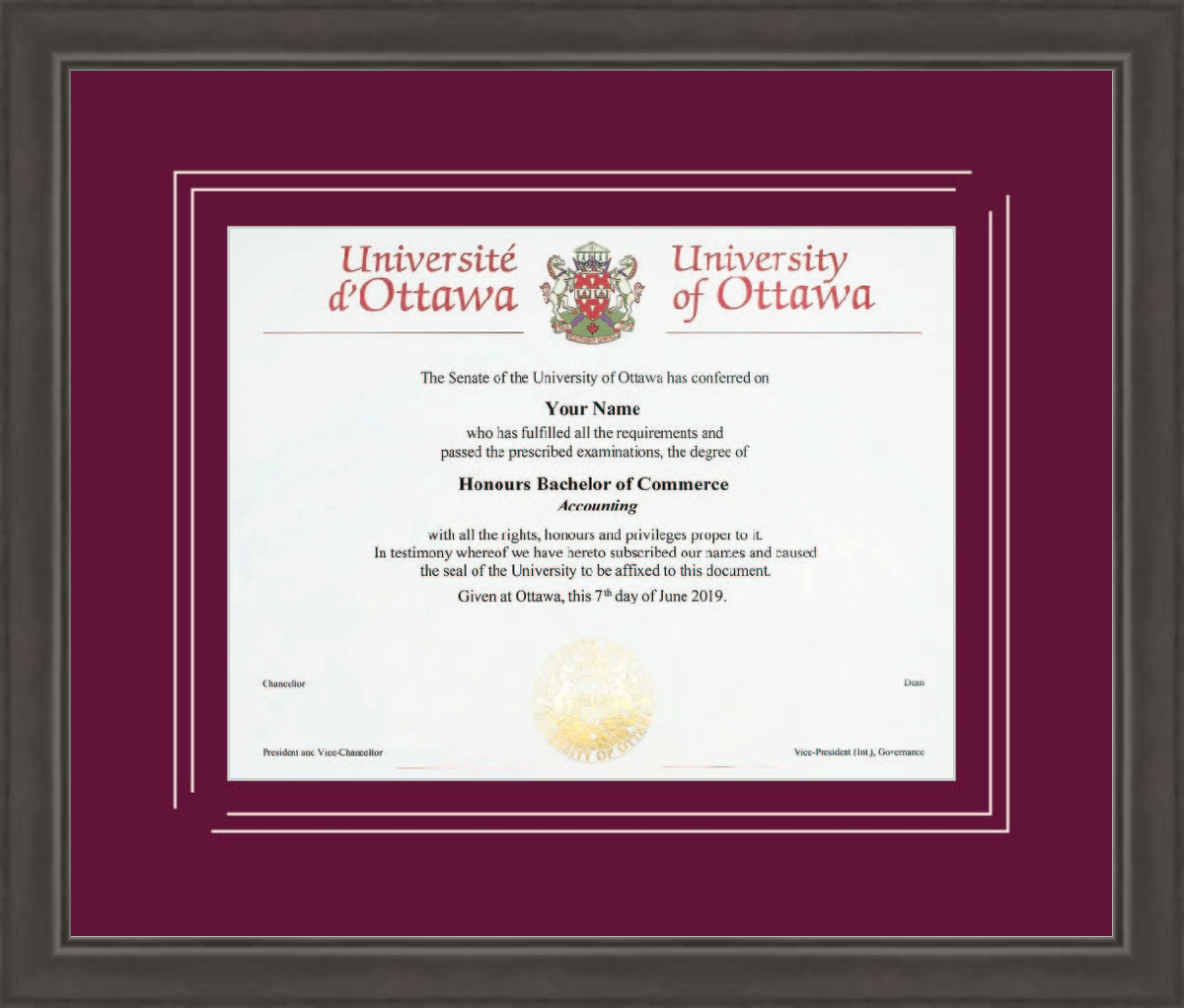 Custom University of Ottawa Diploma Frame