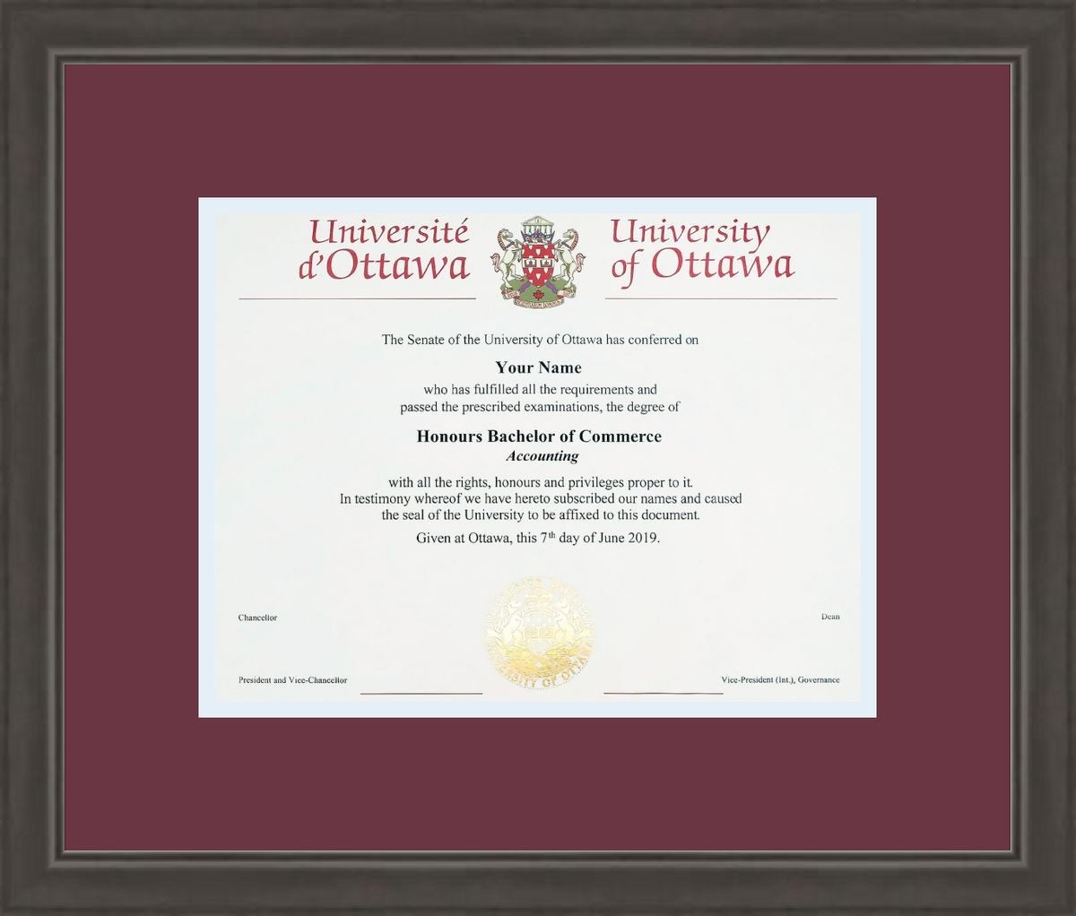 Custom University of Ottawa Diploma Frame