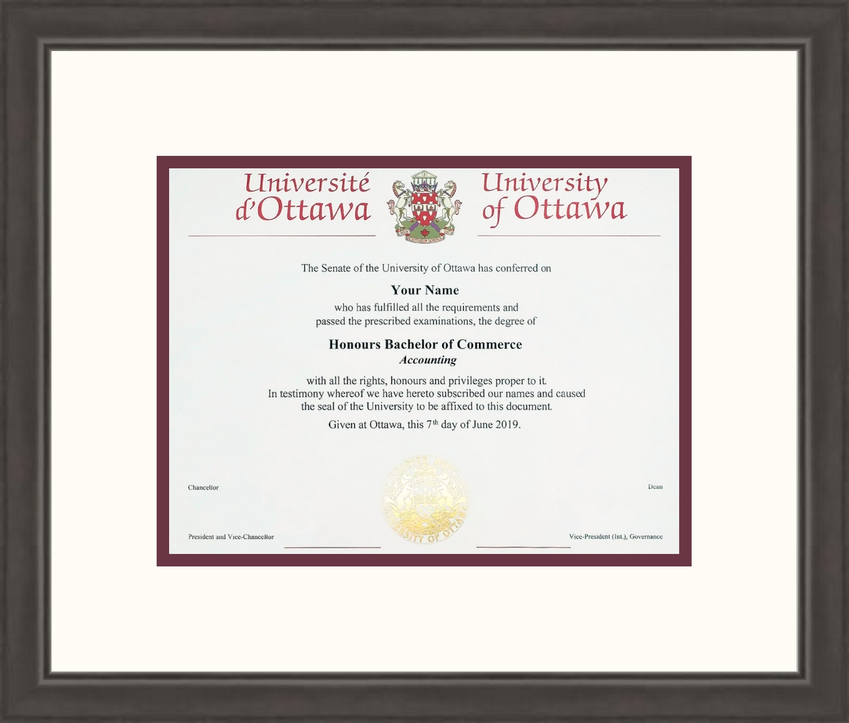 Custom University of Ottawa Diploma Frame