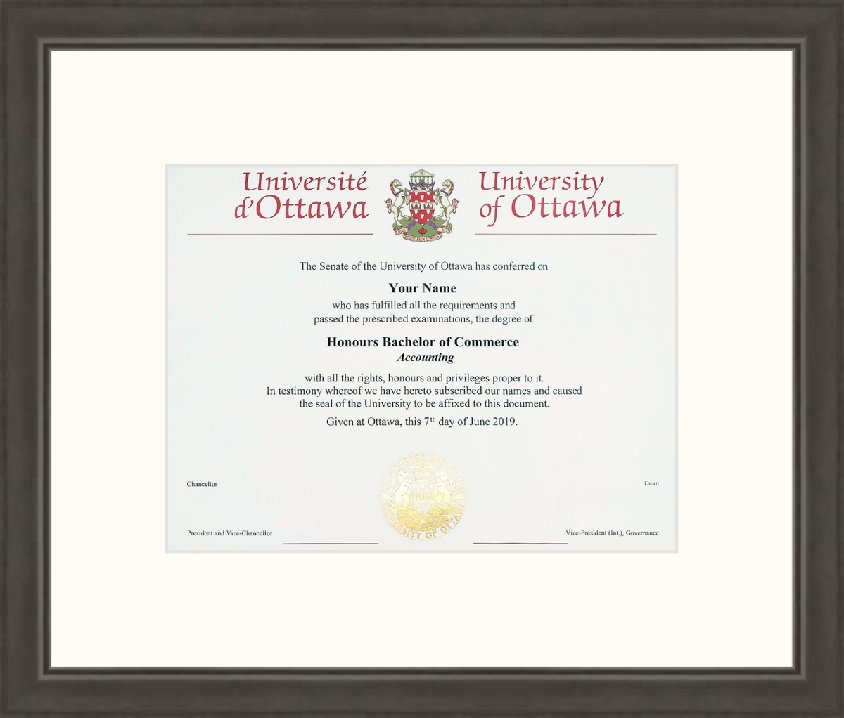 Custom University of Ottawa Diploma Frame
