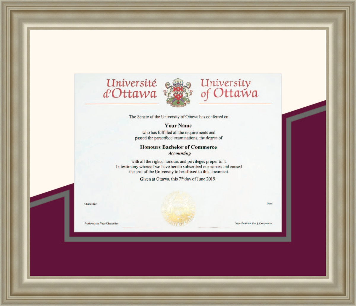 Custom University of Ottawa Diploma Frame
