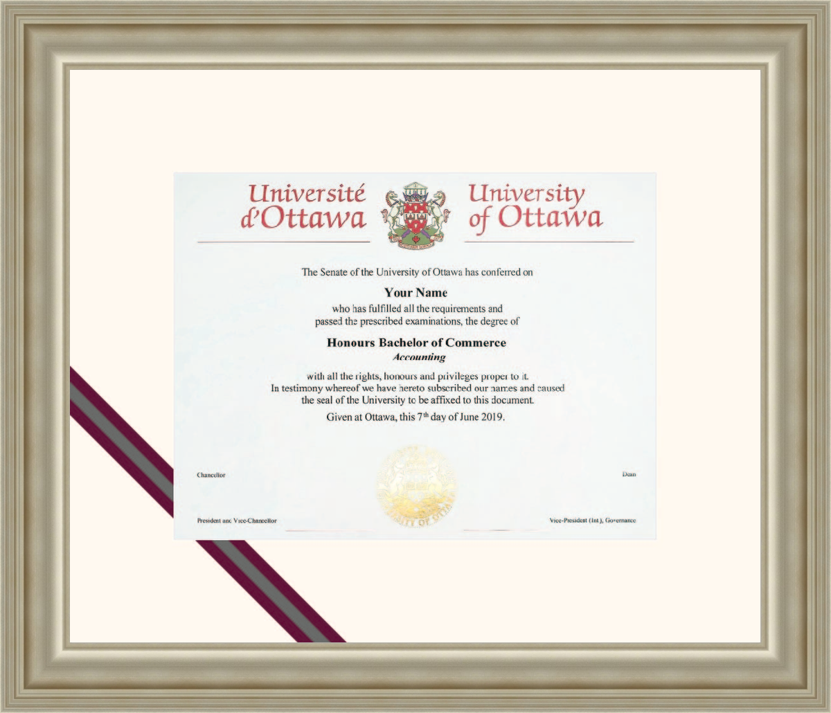 Custom University of Ottawa Diploma Frame