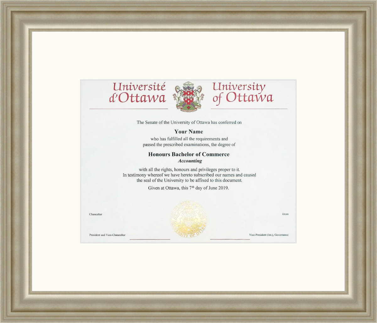 Custom University of Ottawa Diploma Frame