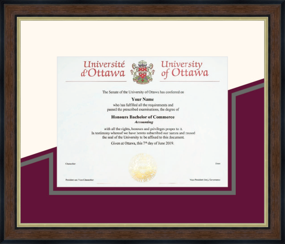 Custom University of Ottawa Diploma Frame