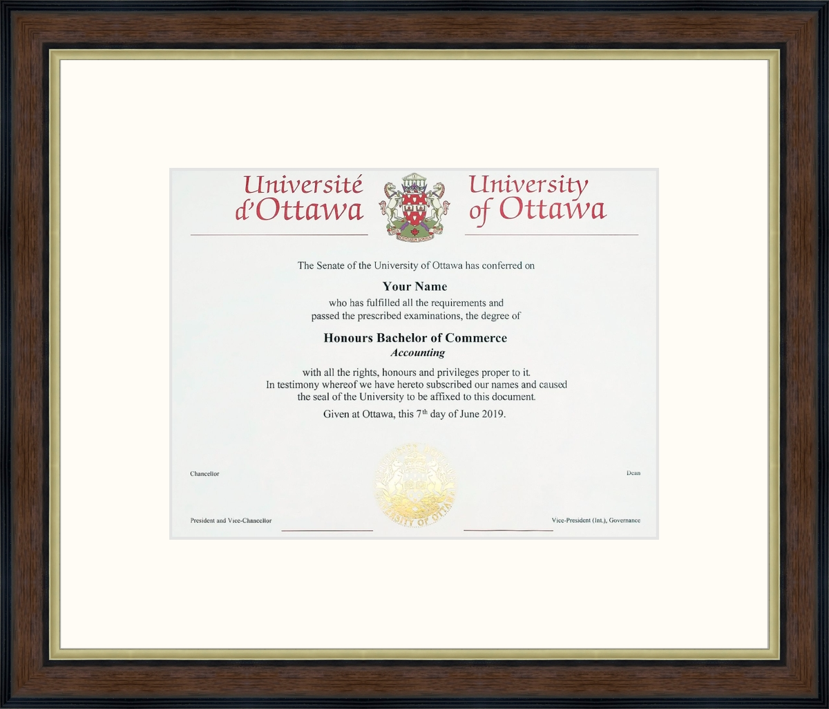 Custom University of Ottawa Diploma Frame