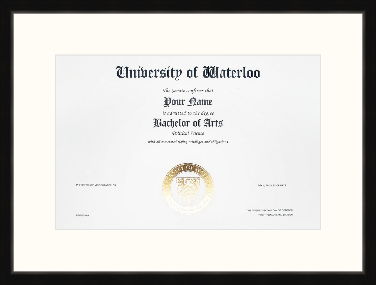 University of Waterloo Diploma Frame FHD1007BL Guardian 2 Black L1 Waterloo White
