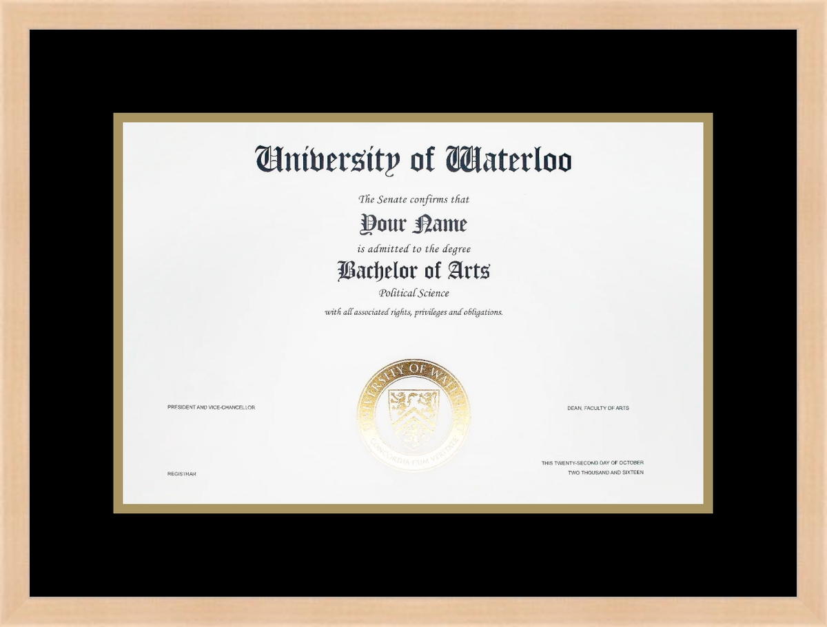 University of Waterloo Diploma Frame R1932007 Ramino Maple L1 Waterloo Black Gold